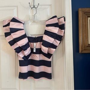 NWT Women’s WHY Dress Striped Pink and Blue Ruffle Sleeve Top Size Medium